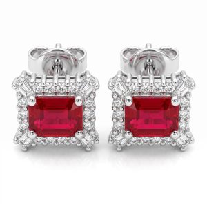 Aretes de Rubí Corte Esmeralda con Halo de Diamantes