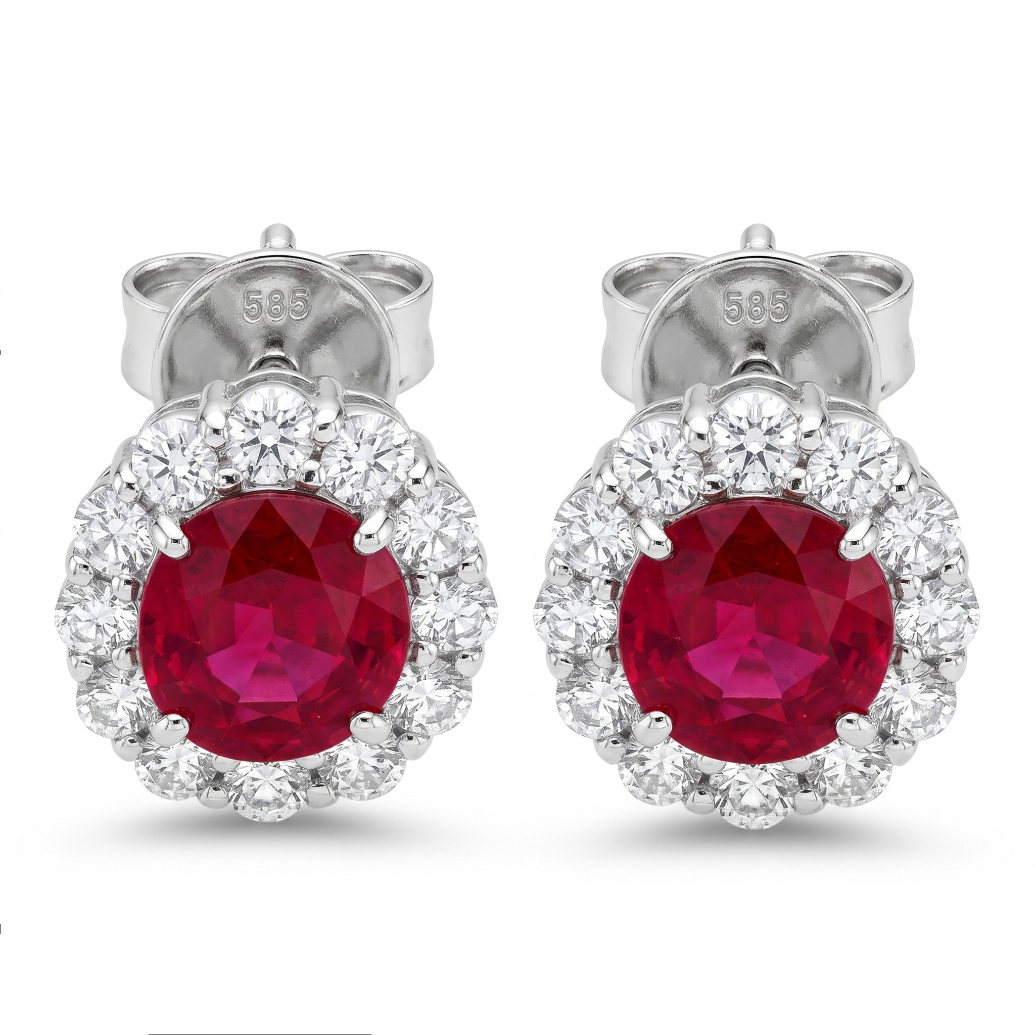 Aretes de Rubí Redondos con Halo de Diamantes